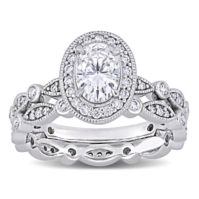 Miadora 1 1/2ct DEW Oval-cut Moissanite Halo Vintage Bridal Ring Set in 10k White Gold