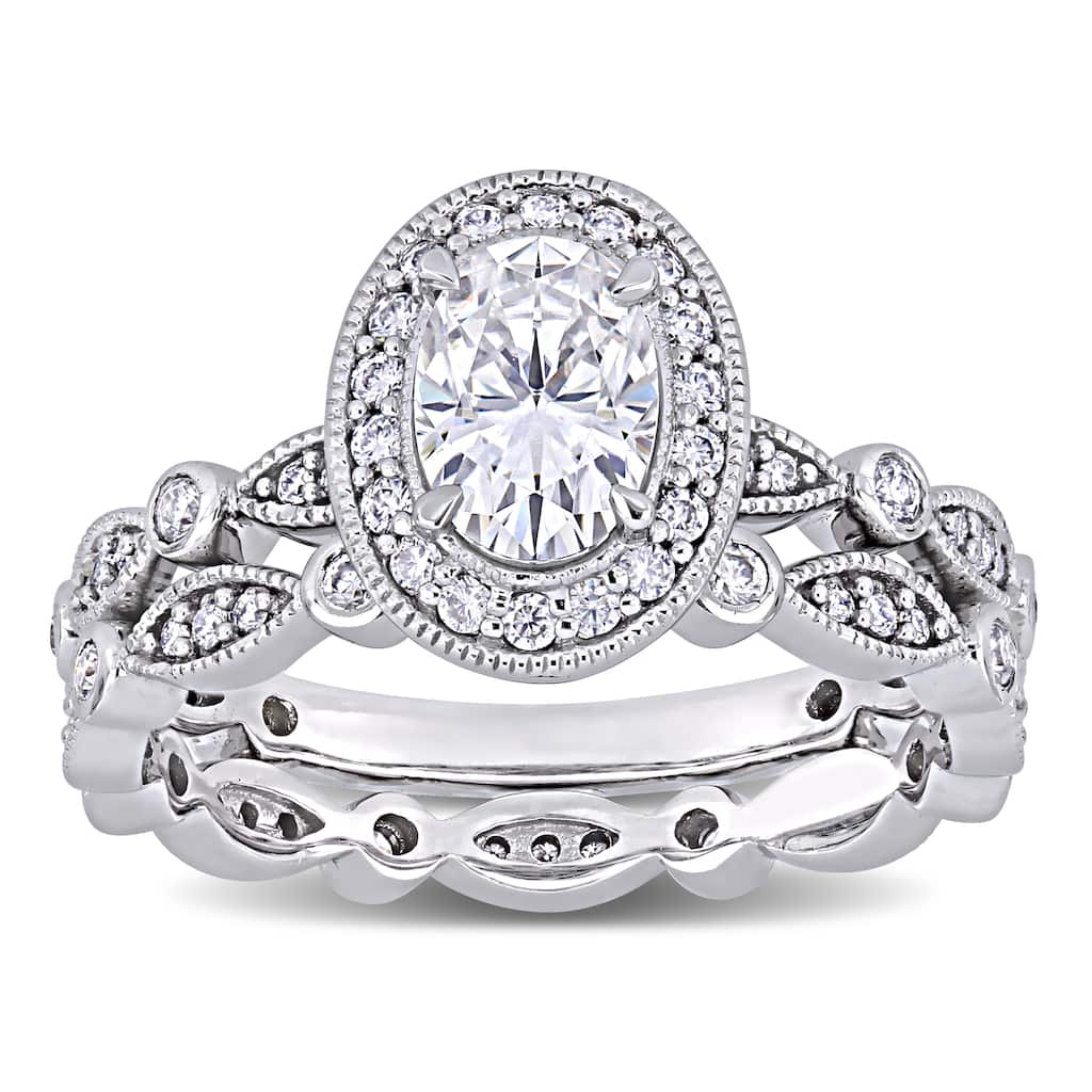 Miadora 1 1/2ct DEW Oval-cut Moissanite Halo Vintage Bridal Ring Set in 10k White Gold