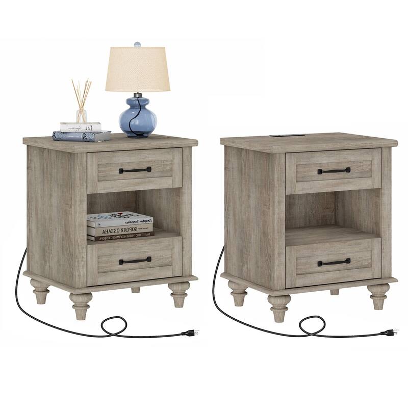 Farmhouse Nightstand Bedside Table, Wood 2-Drawer Side Table - Grey - 4-drawer