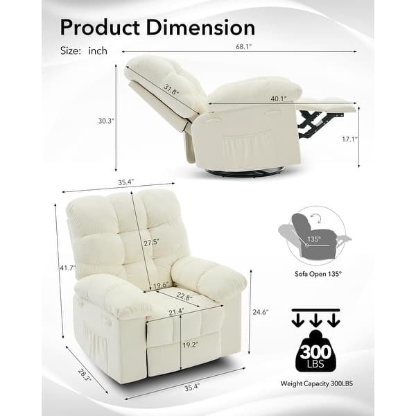 dimension image slide 3 of 4, Rocking Recliner Chair with 360° Swivel, Upholstered Fabric Glider Recliner