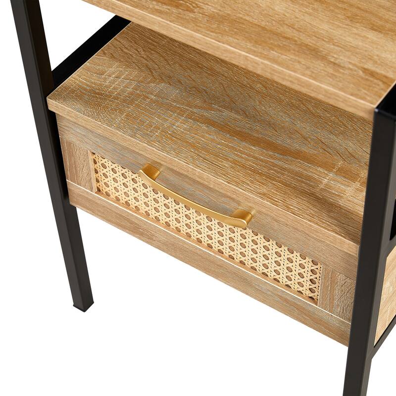 Rattan Side Table with Drawer, 15.75" Modern Nightstand, Metal Legs, Natural Wood Accent for Living Room & Bedroom