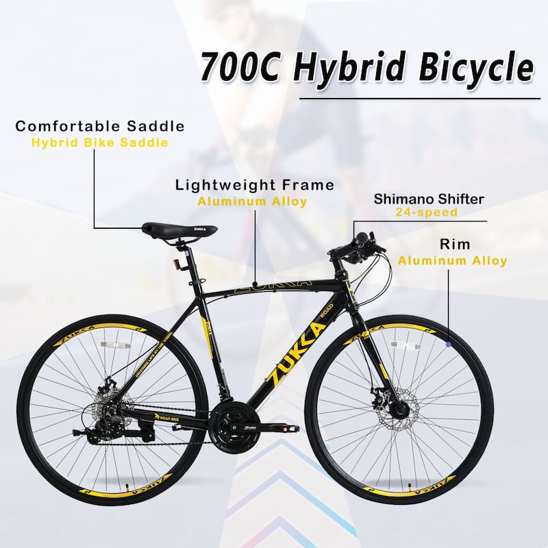 24-Speed Hybrid Road Bike with Disc Brakes, 700C Aluminum Alloy Frame, Shimano Gears, Lightweight City Bicycle