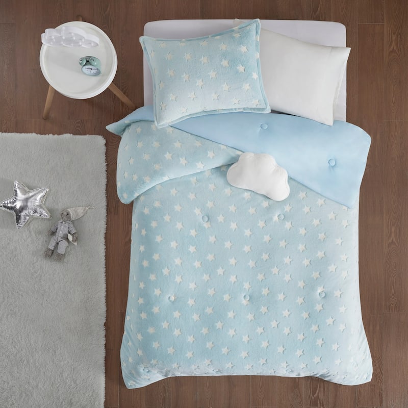Avery Aqua Glow In The Dark Plush Comforter Set by Intelligent Design Kids