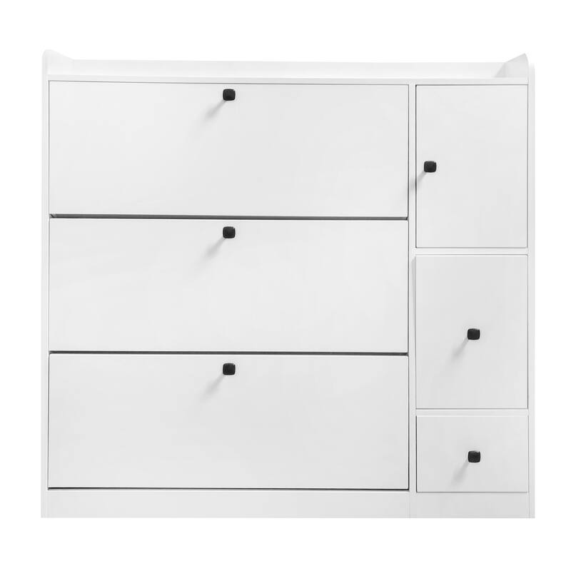 Mieres Modern Shoe Storage Cabinet, Wood Hidden Shoe Storage with 3 Flip Drawers and Pull-down Seat, Shoes Organizer Cabinet