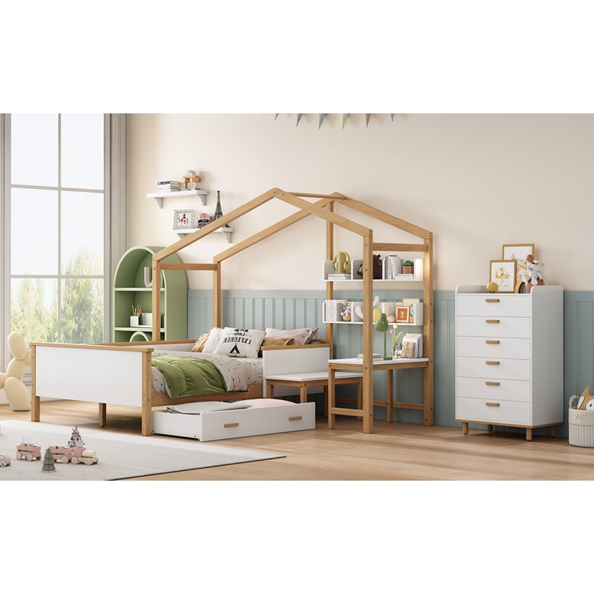 2 Pieces Bedroom Sets Full Size Wooden House Bed w...