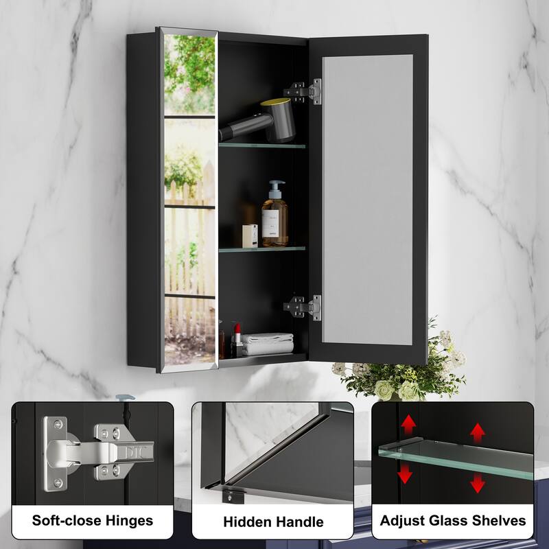 Belle Medicine Cabinet with Mirror, Adjustable Shelves, Recessed or Wall Mount