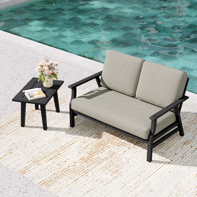 2-Piece Teak Outdoor Loveseat Set with Table. - Black Wood - Light Camel/side table