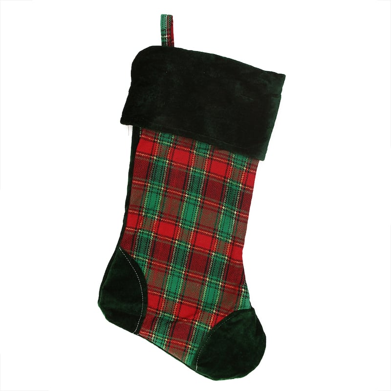 19" Christmas Traditions Woven Plaid and Velvet Stocking - Solid Green