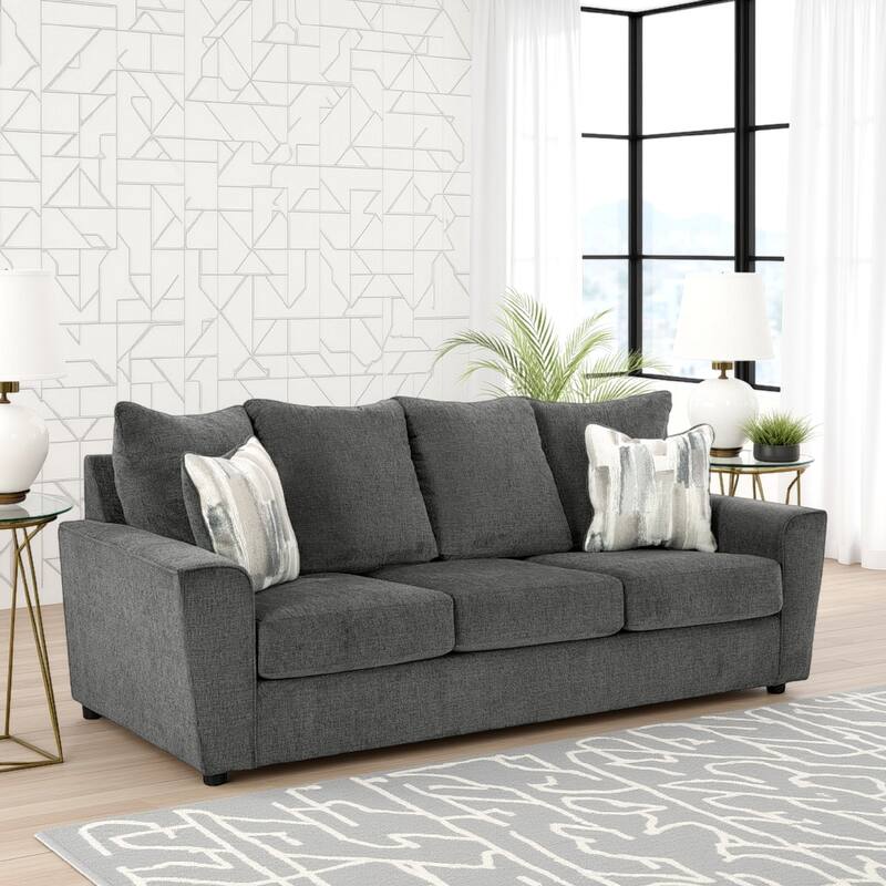Ratty Sofa, 86 Inch Gray Polyester, Welt Trims, 2 Accent Pillows
