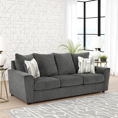 Ratty Sofa, 86 Inch Gray Polyester, Welt Trims, 2 Accent Pillows