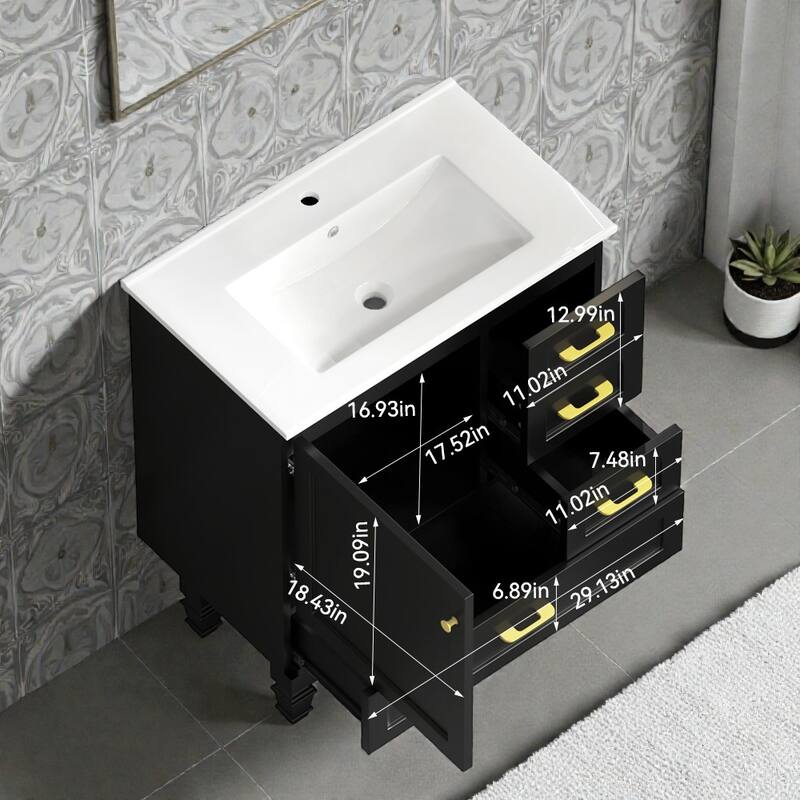 30" Bathroom Vanity Cabinet with Soft-Close Door & 3 Drawers, MDF Storage Vanity for Modern & Transitional Bathrooms