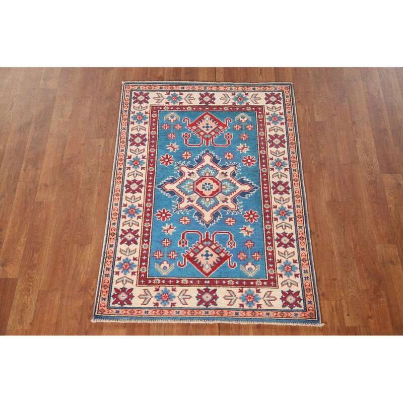 Blue Geometric Kazak Oriental Accent Rug Handmade Wool Carpet - 2'9" x 4'0"