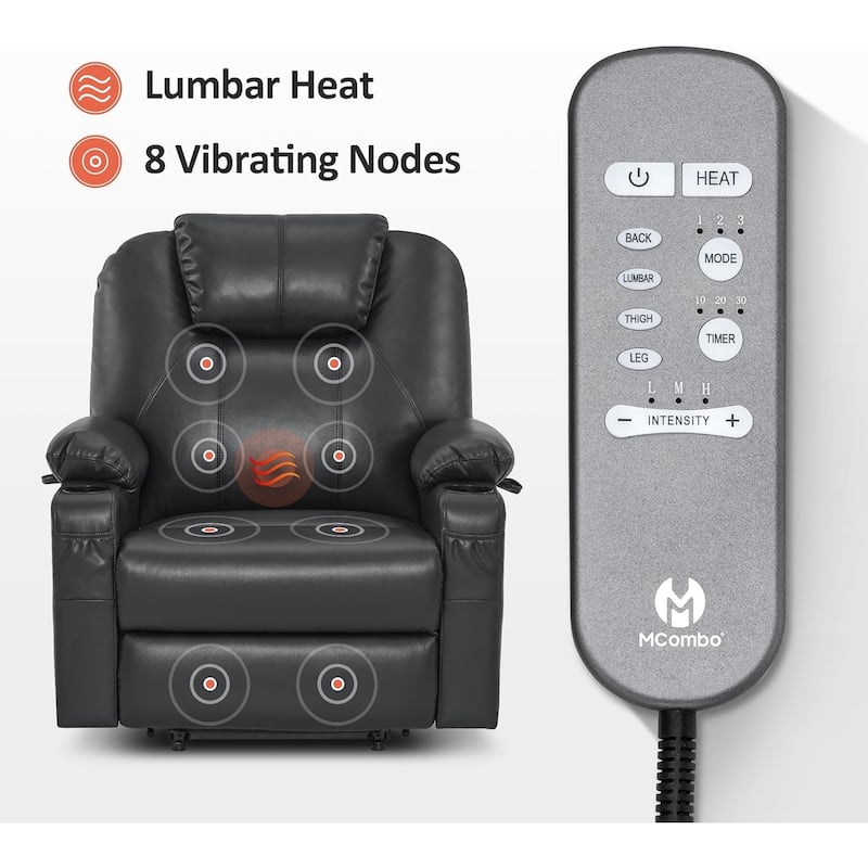 MCombo Medium-Wide Power Lift Recliner Chair Sofa with Massage and Heat for Elderly People, Faux Leather R7045