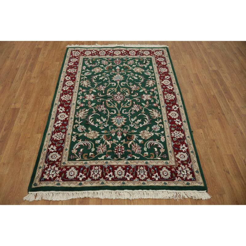 Hand Knotted Oriental 100% Wool Carpet Traditional All-Over Green Agra Area Rug - 5' 10'' X 4' 0''