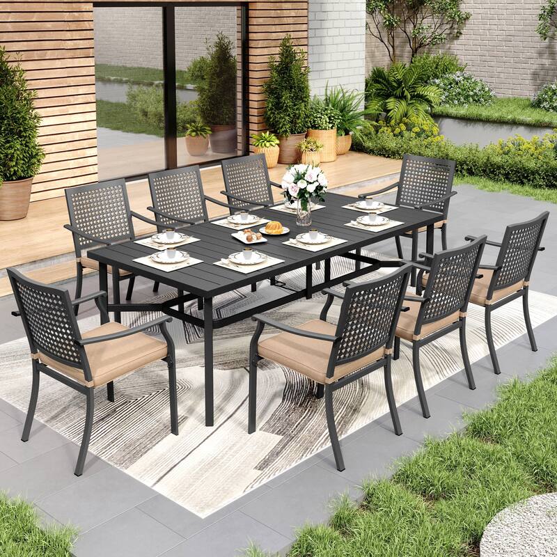 MAISON ARTS 9-Piece Patio Dining Set 1 Large Square Metal Table and 8 Stackable Chairs - Rectangular Table