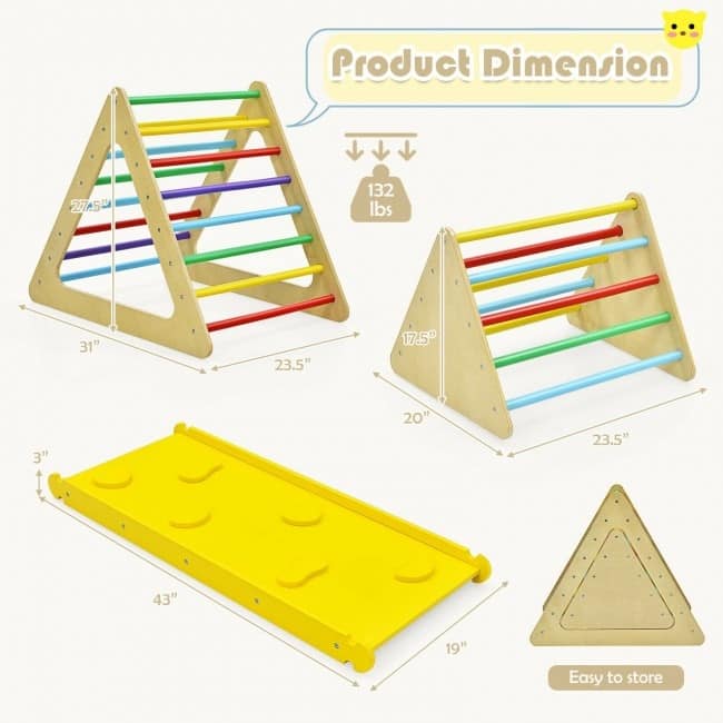 3 in 1 Kids Climbing Ladder Set of 2 Triangle Climbers with Ramp for Sliding - 43" x 19" x 3" (L x W x H)