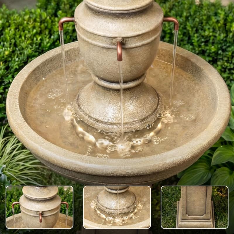 Classic Urn Pedestal Outdoor Water Fountain with 3 Spouts for Garden Patio Backyard Décor