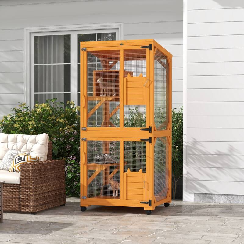 PawHut Large Cat House with High-Up Resting Box, 71" Wooden Catio with Asphalt Roof, Indoor & Outdoor Cat Enclosure on Wheels