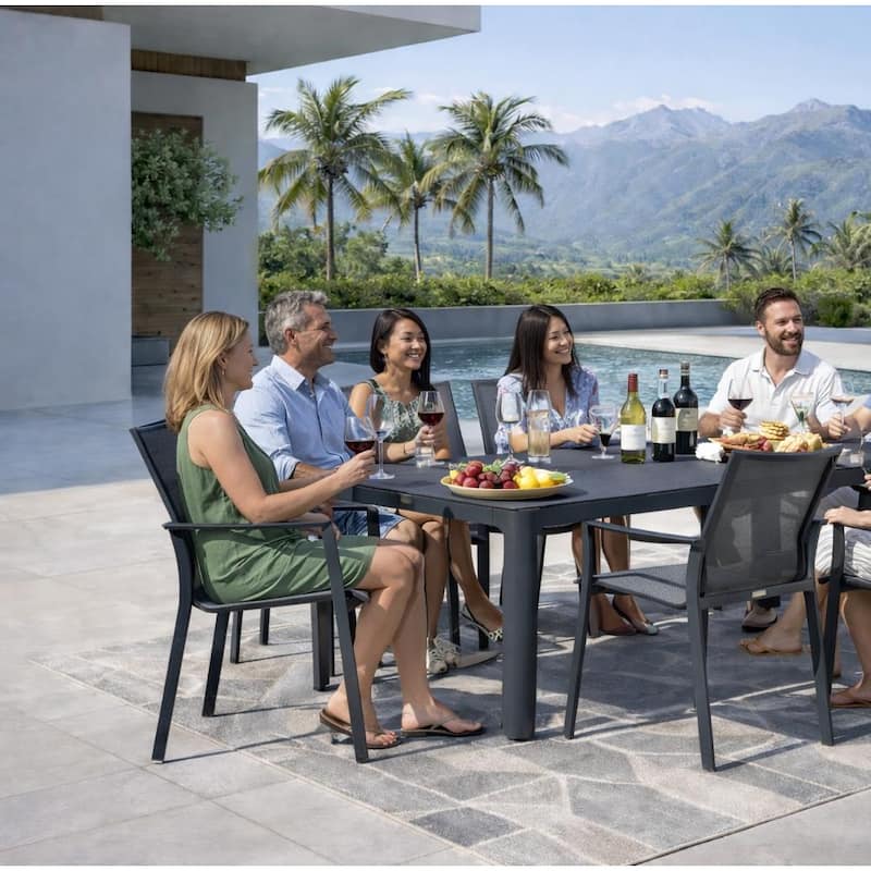 Alva Dark Grey 9-Piece Aluminum Outdoor Dining Set with Sling Set in Pewter - N/A