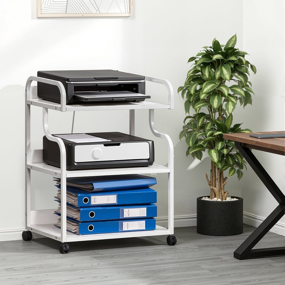 Javlergo 2-in-1 White Rolling Utility Cart with Outlets & USB Ports 3-Tier Open Shelf or 2-Tier with Door Cabinet Office Cart