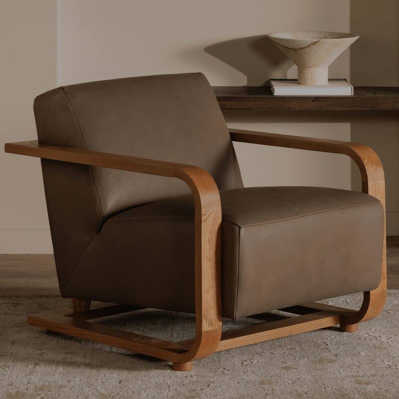 NADAAL STUDIOS Joseph Lounge Chair, Solid Oak Frame with Top Grain Leather and Foam Cushioning, Cool Brown