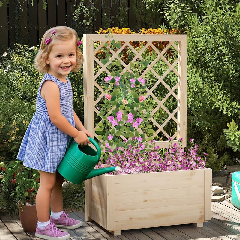 Costway 1/2 PCS 40" Tall Wooden Raised Garden Bed with Lattice Trellis - Natural