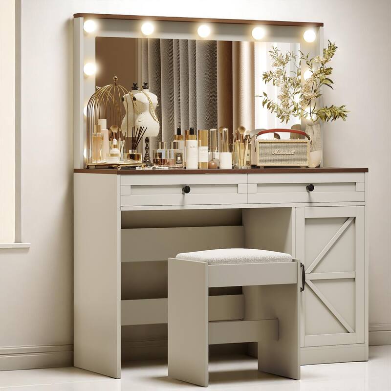 43.4" Makeup Vanity Table with LED Mirror & Stool - 3 Drawers, Adjustable Brightness, Dressing Desk
