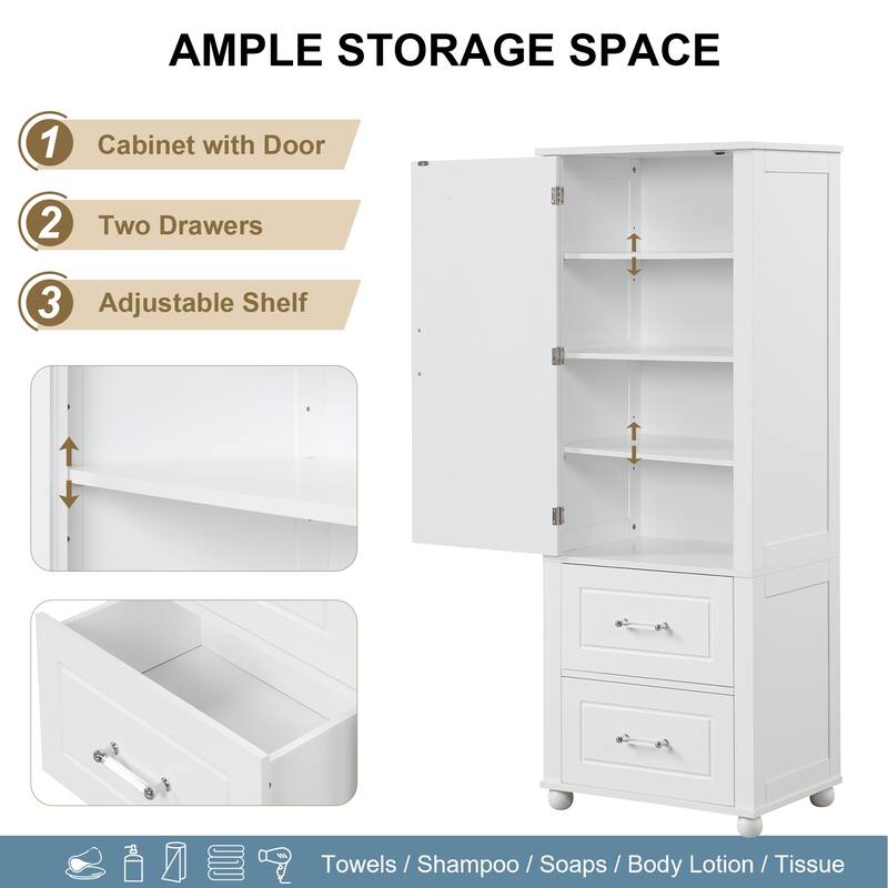 Freestanding Bathroom Cabinet with Doors, 2 Drawers & Adjustable Shelves, White MDF Tower Storage Unit