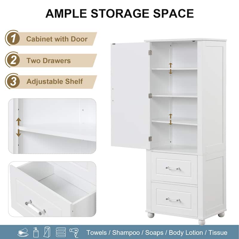 Tall Bathroom Storage Cabinet, Freestanding Storage Cabinet with Two Drawers and Adjustable Shelf