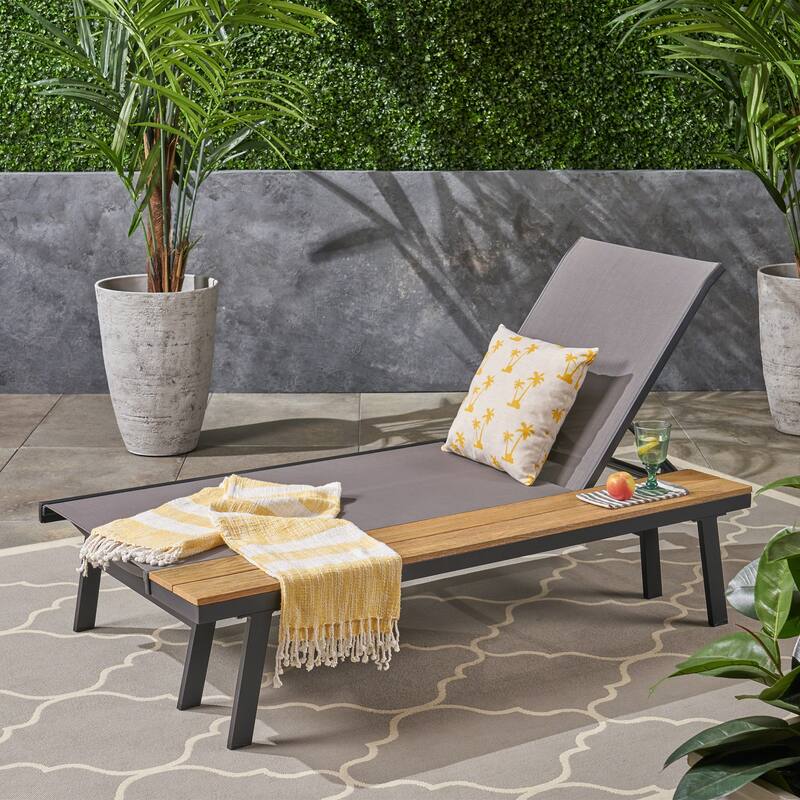 Roomfitters Adjustable Chaise Lounge with Attached Wood Side Table, Stylish Outdoor Seating for Relaxation