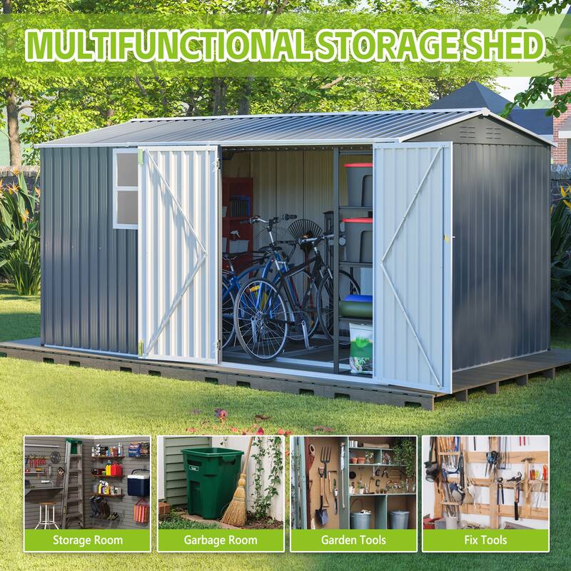 8x12 Ft Storage Shed Outdoor, XL Heavy-Duty Steel Building with Window-Features Hinged Gray Doors & 4 Air Vents for Backyard