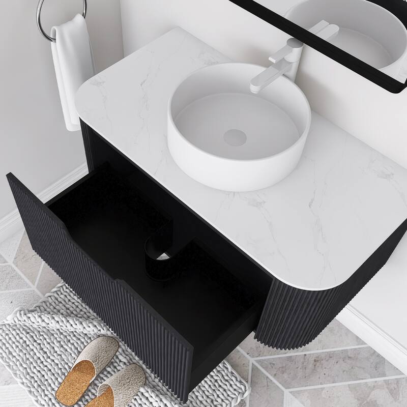 Plywood Wall-Mounted Bathroom Vanity Set with Integrated Ceramic Sink in Natural Wood