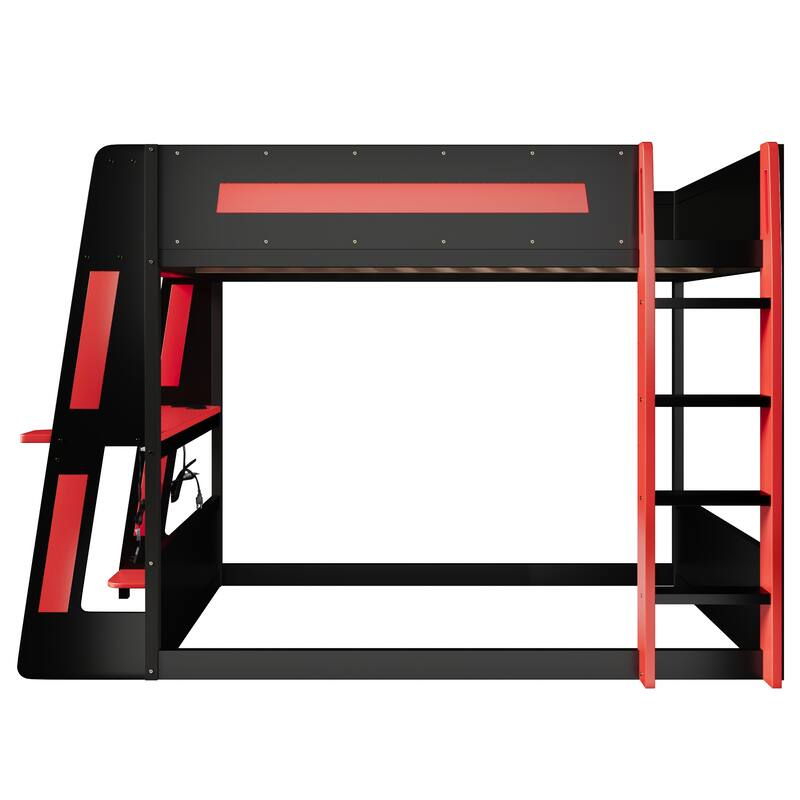 Gaming Bunk Bed with Computer Desk, Storage Shelves, USB Port and LED Strip Lighting, Esports Design, Wooden Gaming Bed