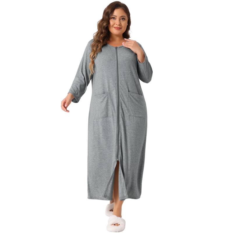 Plus Size Bathrobe for Women Zipper Front House Coat Robe with Pockets