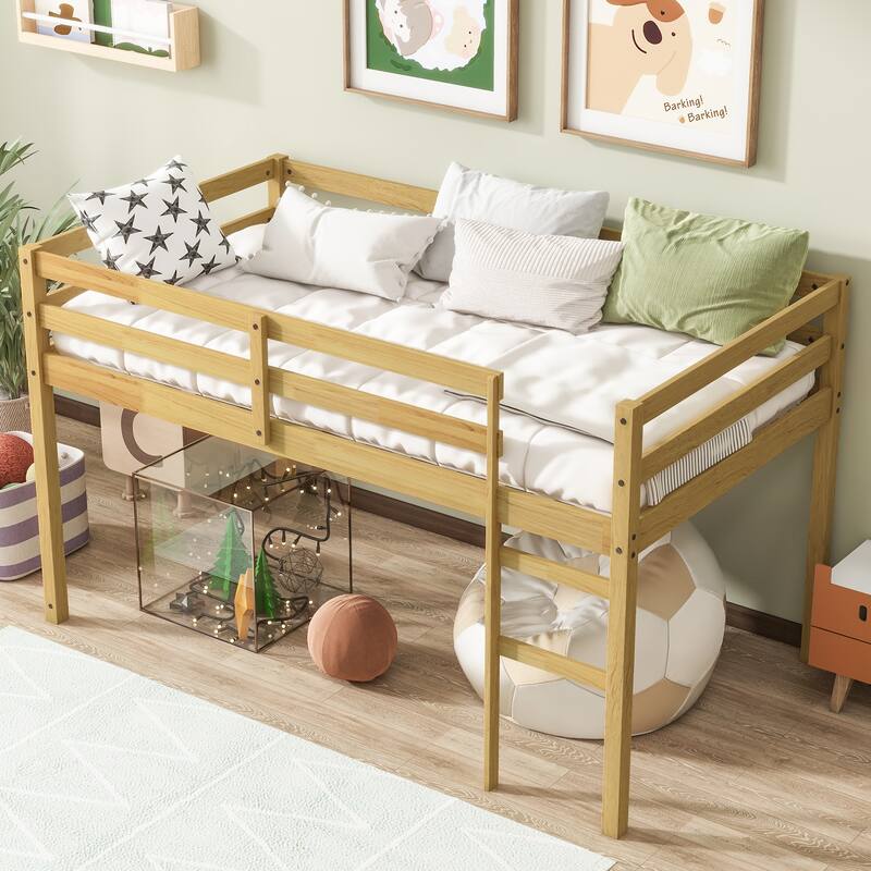 Natural Rubber Wood Twin Loft Bed with Ladder and Strengthened Slats, Low Height Design for Safety