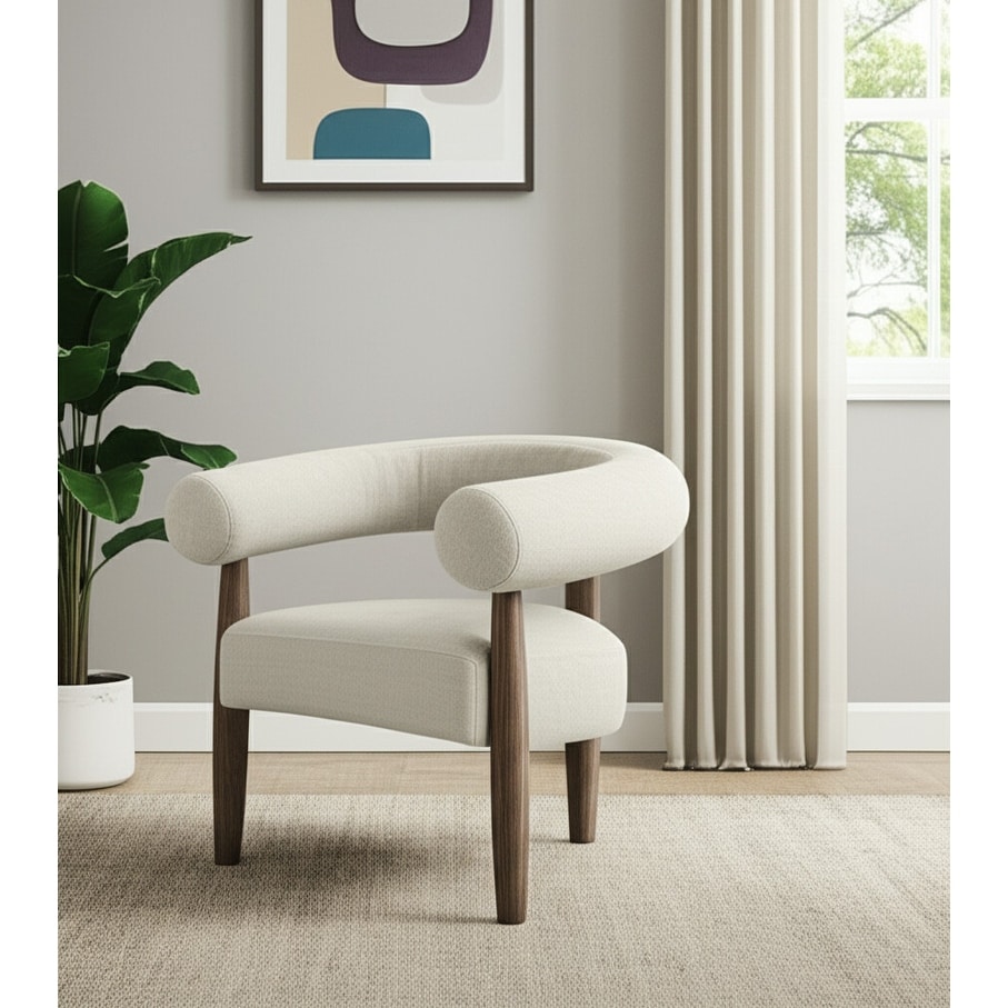 HomeRoots 29" Cream and Light Brown Fabric And Wood Curved Arm Chair - 29 in. x 30 in. x 33 in.