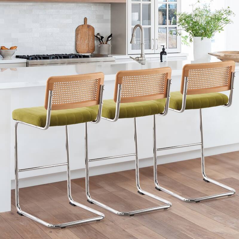 Velvet Upholstered Rattan Counter/Bar Stools, Set of 2/3