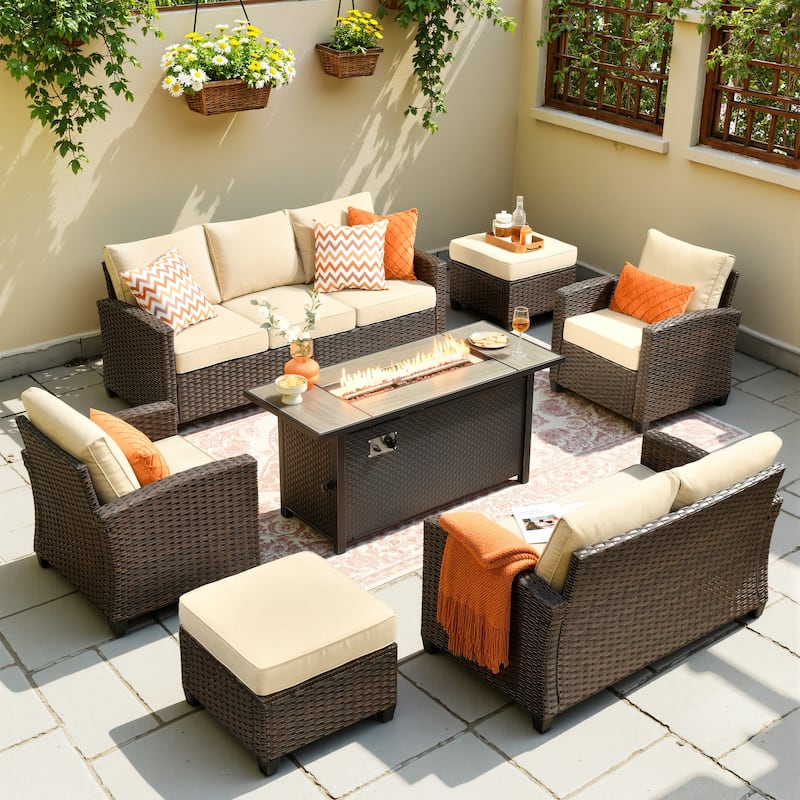 XIZZI 7-Piece Outdoor Wicker Conversation Set - Beige