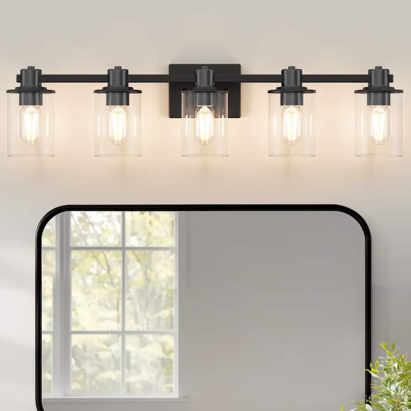 YANSUN 31.5 in. 5-Light Black Metal Vanity Light with Round Clear Glass Shades for a Sophisticated Look - 31.5*5.27*7.87