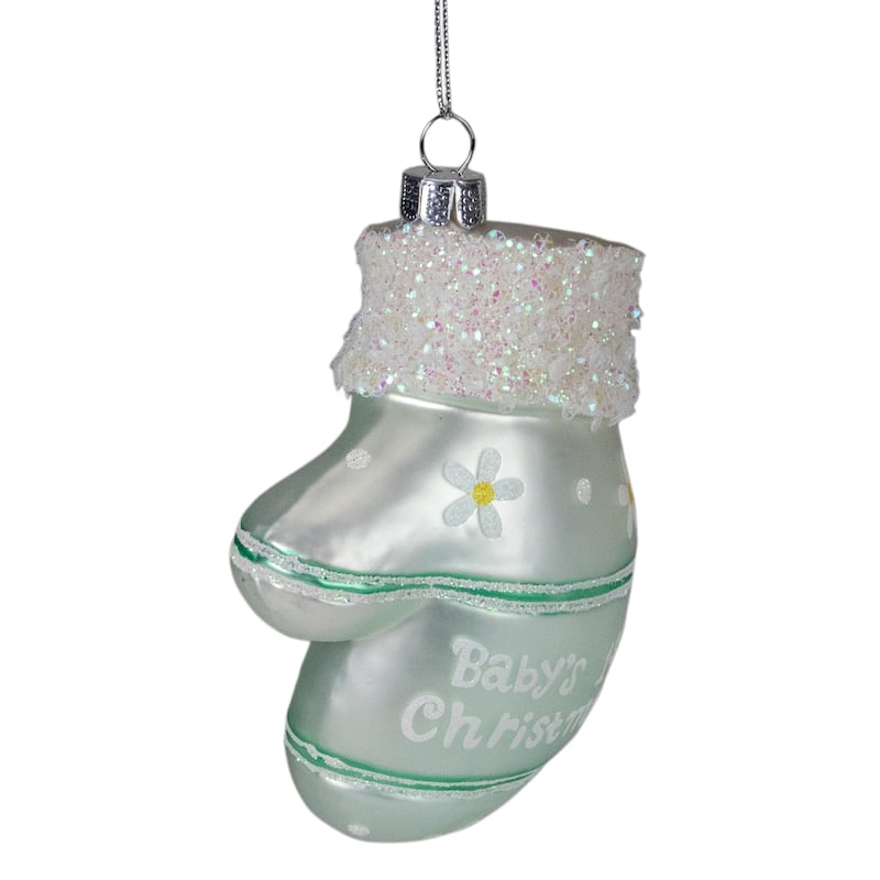 4" Baby's 1st Christmas Mint Green Glass Mitten Holiday Ornament