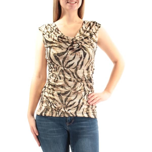 Womens Beige Black Animal Print Cap Sleeve Cowl Neck Top Size M