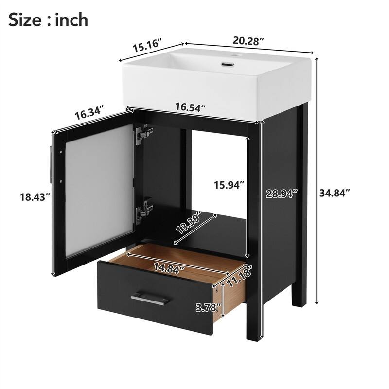 20'' Bathroom Vanity with Ceramic Sink Top, Modern Bathroom Storage Cabinet with 1 Drawer and 1 Soft Close Door