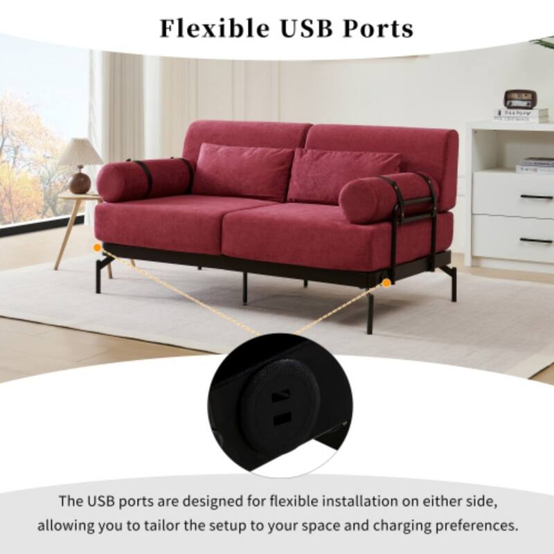 59" Modern 2-seater Sofa Couch with Flexible USB Ports and Cylindrical Armrests