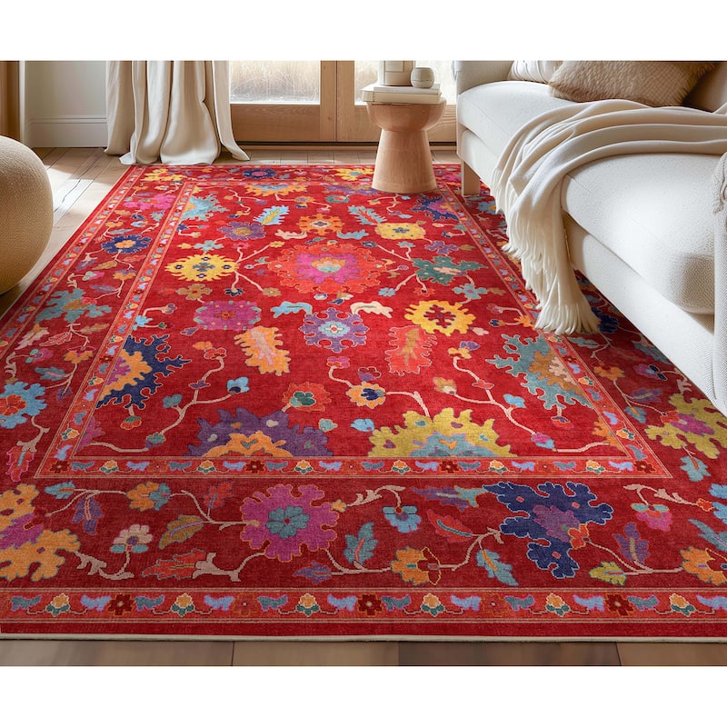 Well Woven Ushak Bodrum Modern Vibrant Floral Flat-Weave Area Rug - 7'7" x 9'10" - Red