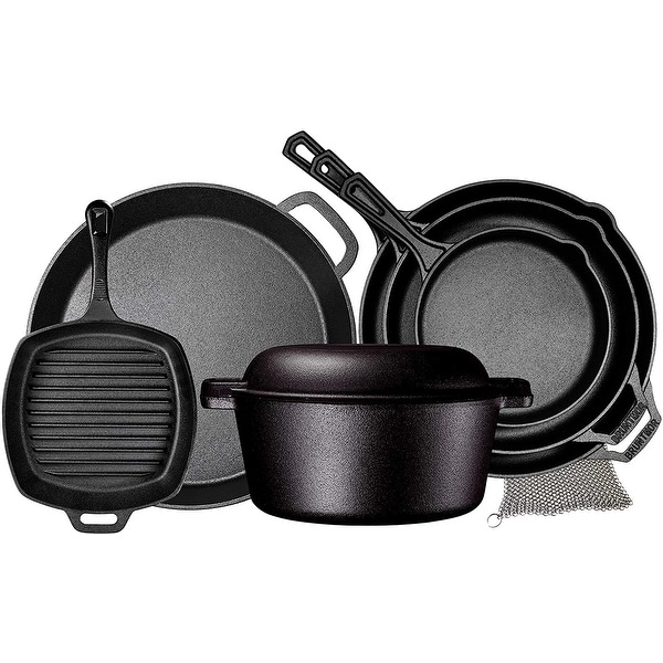 Pre Seasoned Cast Iron 8 Piece Bundle Camping Gift Set, Double Dutch, 16 inch Pizza Pan, 3 Skillets & Square Grill Pan. Opens flyout.