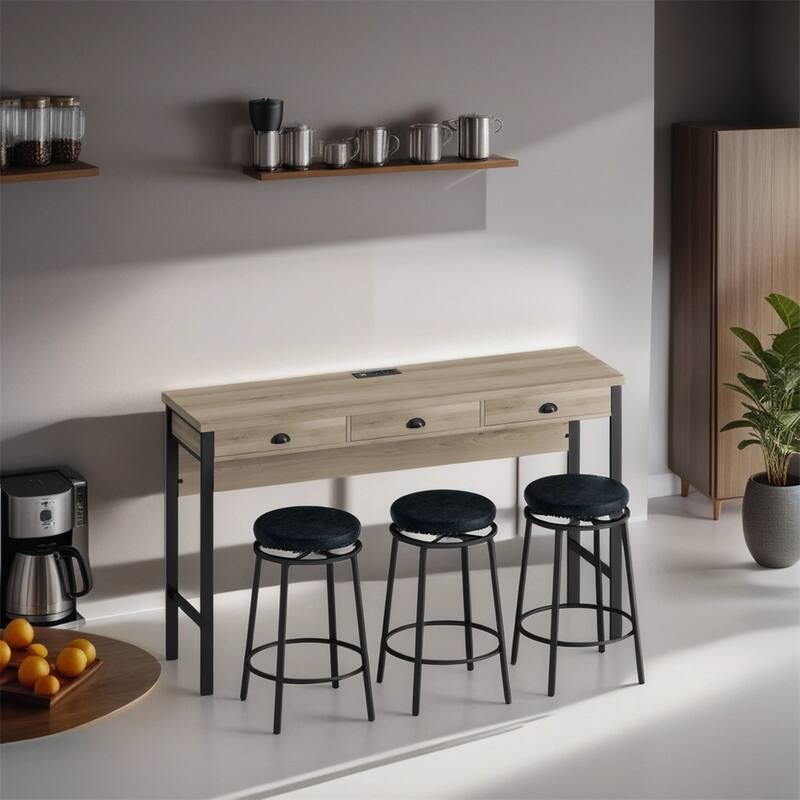 Long Dining Table Set w/Power Outlets,Bar Kitchen Table Set w/Stools