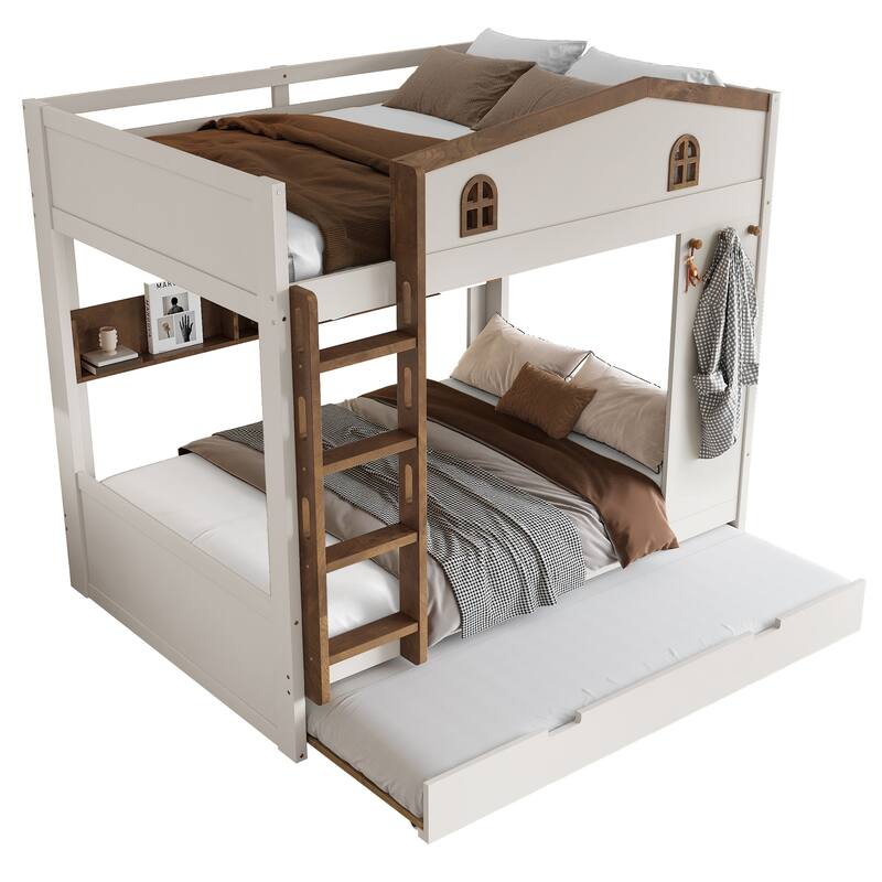 Queen over Queen Bunk Bed Rustic House Bunk Bed with Hooks Storage Shelves, Solid Wood Under-bed Storage Drawers or Trundle