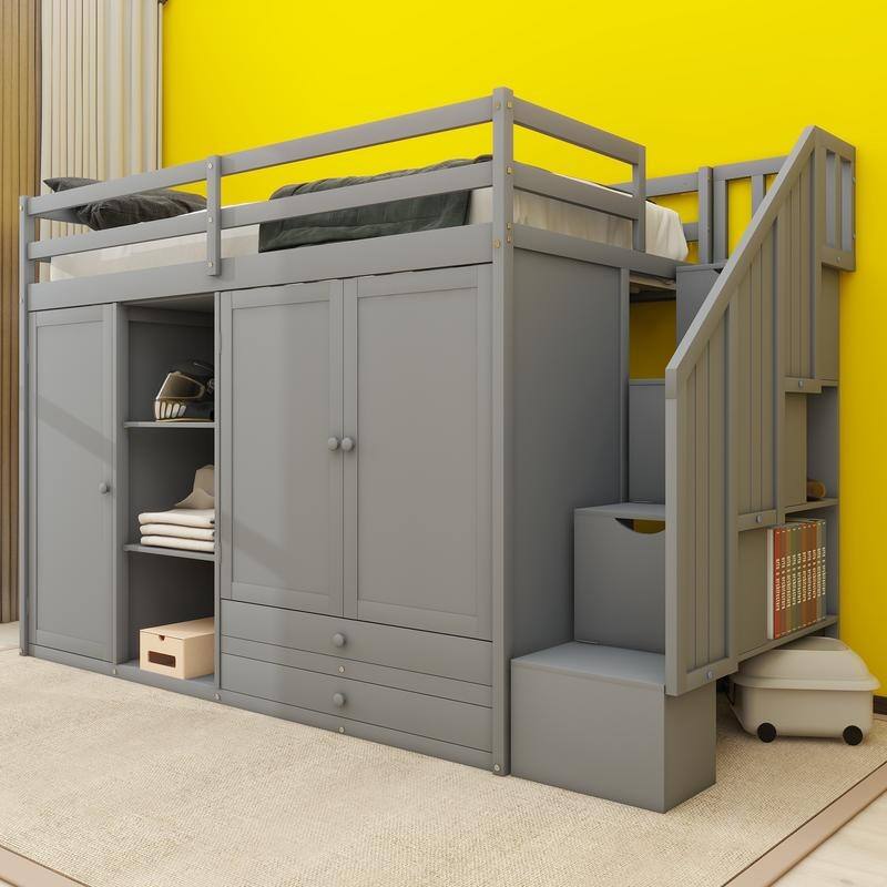 Twin Solid Pine Wood Loft Bed With Storage Stairs & 3-Shelves & 2 Wardrobes & 2 Drawers - Grey