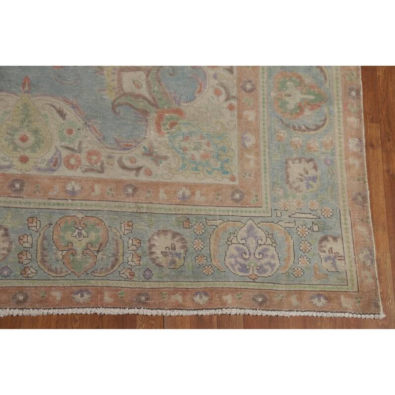 Blue Tabriz Persian Vintage Rug Hand-Knotted Wool Carpet - 9'9" x 13'1"