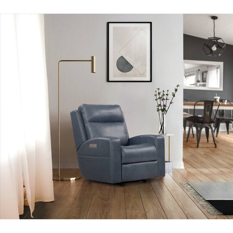 37" Wide Top Grain Leather Power Recliner Chair Glider Rocker Recliner Home Theater Seating with USB Charge Port - Blue